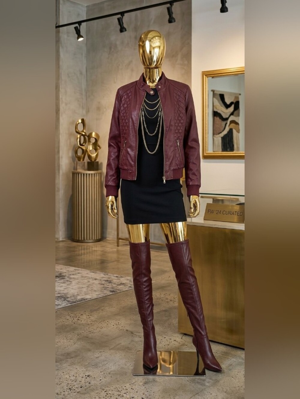 Burgundy Quilted Faux Leather Bomber Jacket